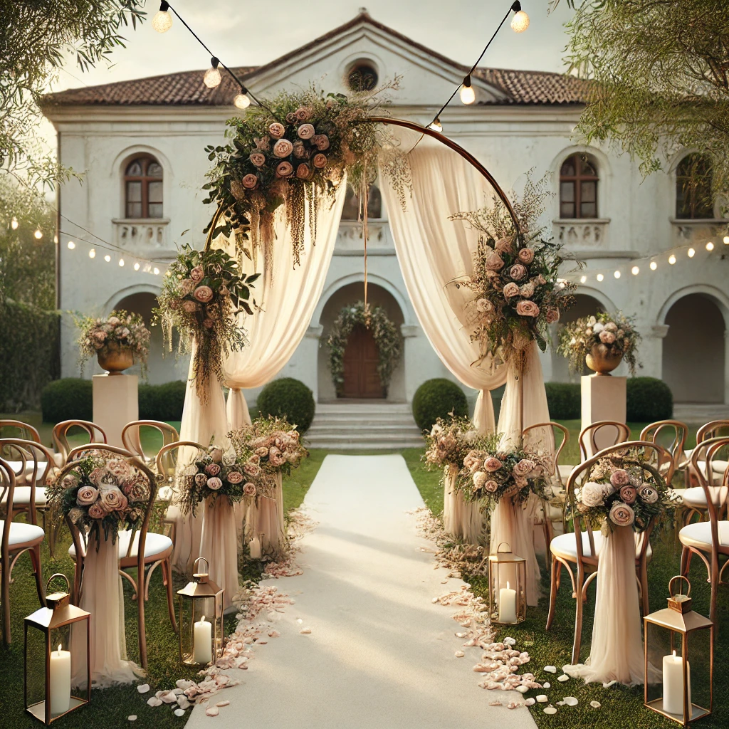 An AI Generated picturesque outdoor wedding ceremony setup in front of a Mediterranean-style villa. The aisle is lined with rose petals and lanterns, leading to a circular floral arch draped with soft white fabric and adorned with blush roses and greenery. Elegant wooden chairs are arranged on either side, each decorated with matching floral arrangements. String lights are suspended above, adding a warm, romantic glow to the scene.