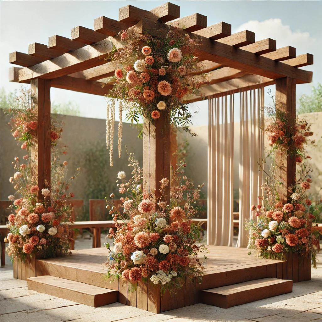 A hyperrealistic image of a simple chuppah with exposed wooden beams and warm terracotta tones. The floral arrangement is abundant around the base and top, featuring a mix of warm-toned flowers like dahlias and roses, creating an inviting and elegant wedding ceremony setting.