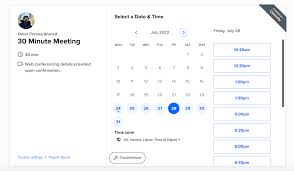 Online meeting scheduling interface showing available time slots, optimizing time management for wedding professionals using automation tools.