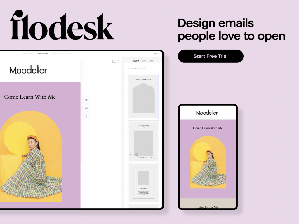 Flodesk email design platform showcasing a responsive email template, used by wedding professionals to create engaging, visually appealing emails.