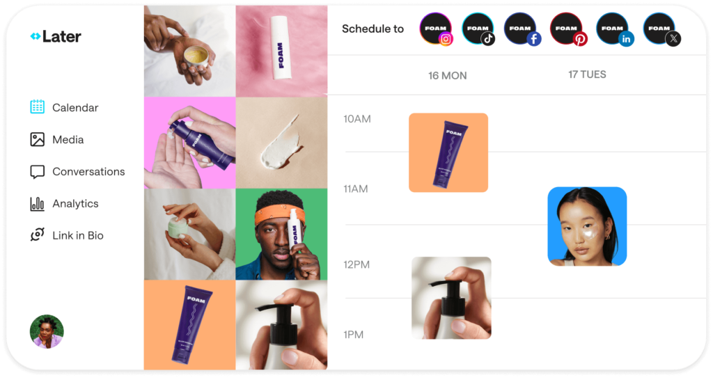 Later social media scheduling tool interface, showcasing a visual planner for managing and automating posts across multiple platforms for wedding professionals.